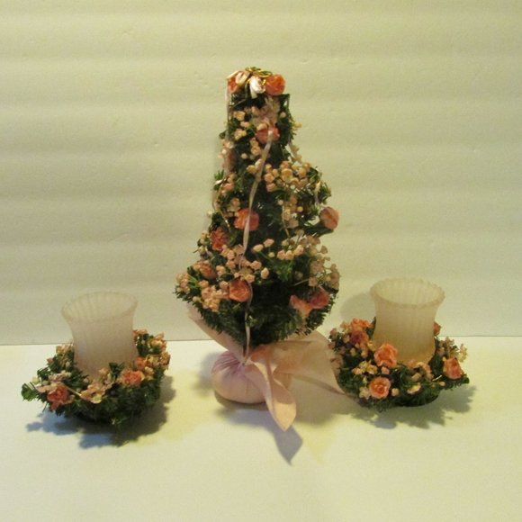 vtg Victorian Christmas ornaments with pink rose Xmas tree with 2 candle holder - Picture 7 of 9